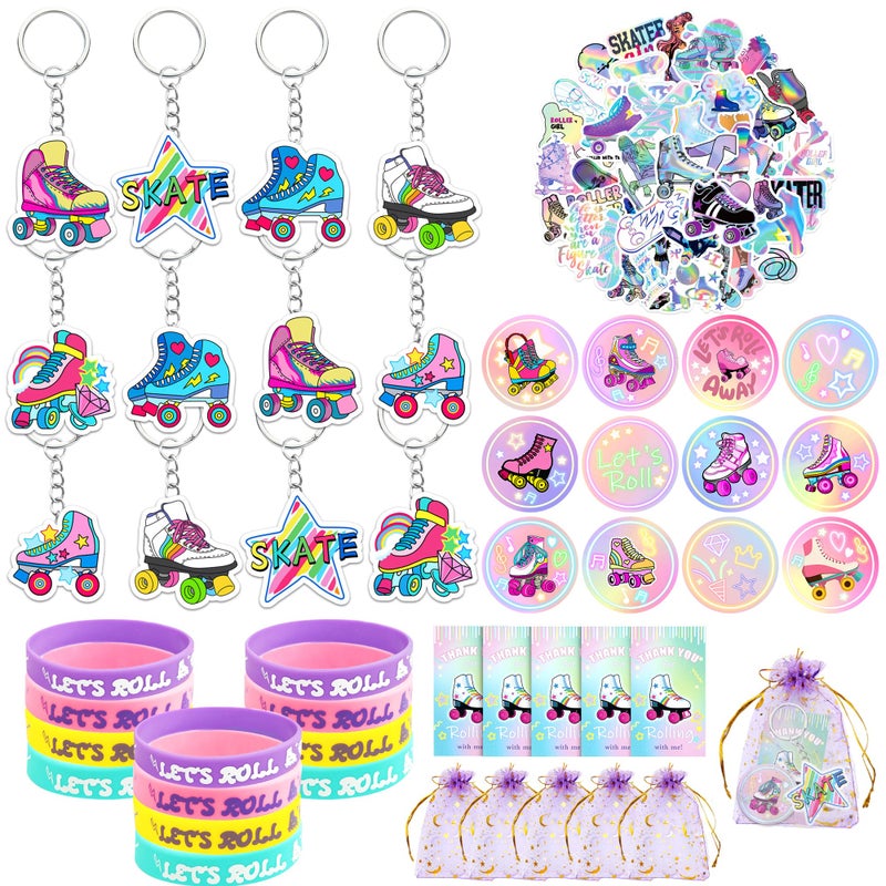 Tazimi 110 PCS Roller Skate Party Favors Skating Party Supplies with Key Chains Button Pins Stickers Rubber Bracelets for Hip Hop Disco 80s 90s Themed Party (style 1) - Image 1
